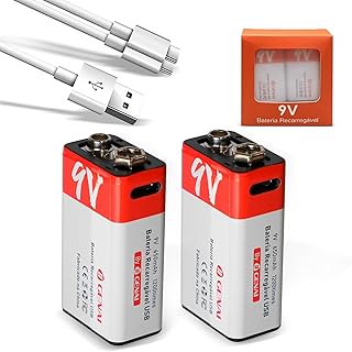 Bateria 9V Bateria Recarregável para Casa Pilha 650mAh, USB-C, 2 Unidade Bateria