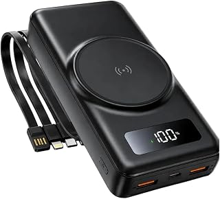 Power Bank, Carregador Portátil Universal por Indução 20.000mAh, Carregamento rápido*, Compatível com MagSafe® Com Cabos embutidos Preto