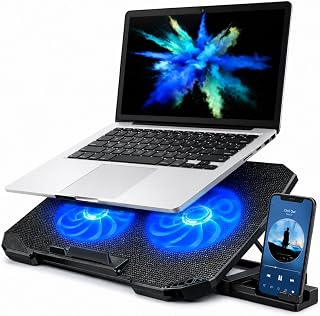 Suporte para Notebook com Cooler Duplo, Base Refrigerada 2 Ventoinhas, 8 Níveis de Altura, LED Azul, Ergonômico, USB e Suporte para Celular