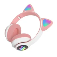 Fone Bluetooth Orelha Gatinho LED Infantil Ajustavel Rosa