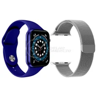Kit 1 Relógio Inteligente Smartwatch W46 S Azul Android Ios + 1 Multiira Extra Aço Milanese Prata