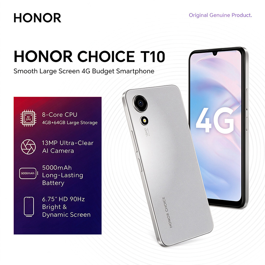 Celular HONOR CHOICE T10, Smartphone 4G, Tela 6.75" HD+, Bateria 5000mAh, Câmera 13MP, Android Go, Dual Chip
