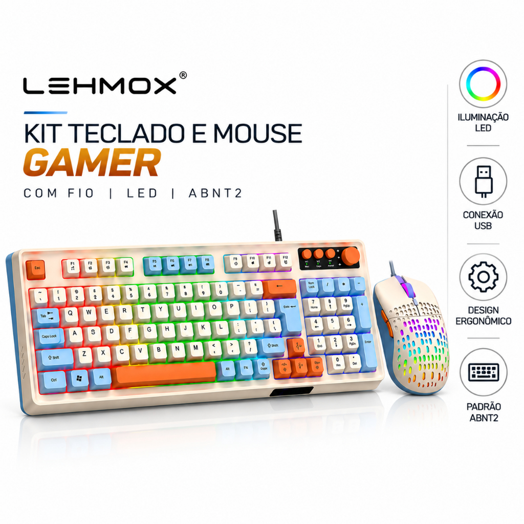 Kit Teclado e Mouse com Fio LED Gamer Lehmox Ergonômico USB ABNT2