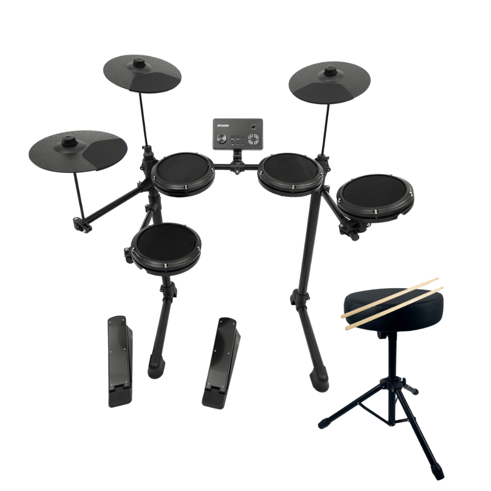 KIT Bateria Eletronica SONN 7 Pads USB MIDI Módulo Digital 165 Timbres + Banco Acolchoado E Par De Baquetas KIT Bateria Eletronica SONN 7 Pads USB MIDI Módulo Digital 165 Timbres + Banco Acolchoado E Par De Baquetas