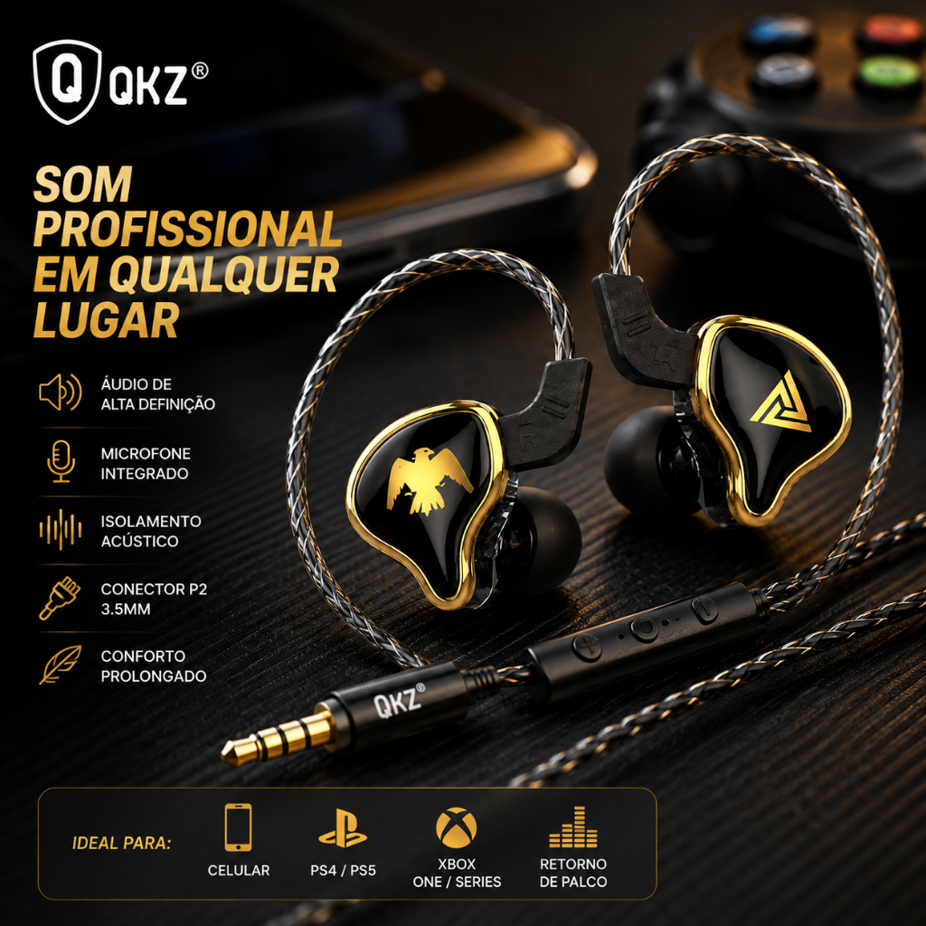 Fone Gamer Retorno De Palco In Ear QKZ Com Microfone Compatível Ps4 Ps5 Xbox One S Series S/x Celular Pc Gamer
