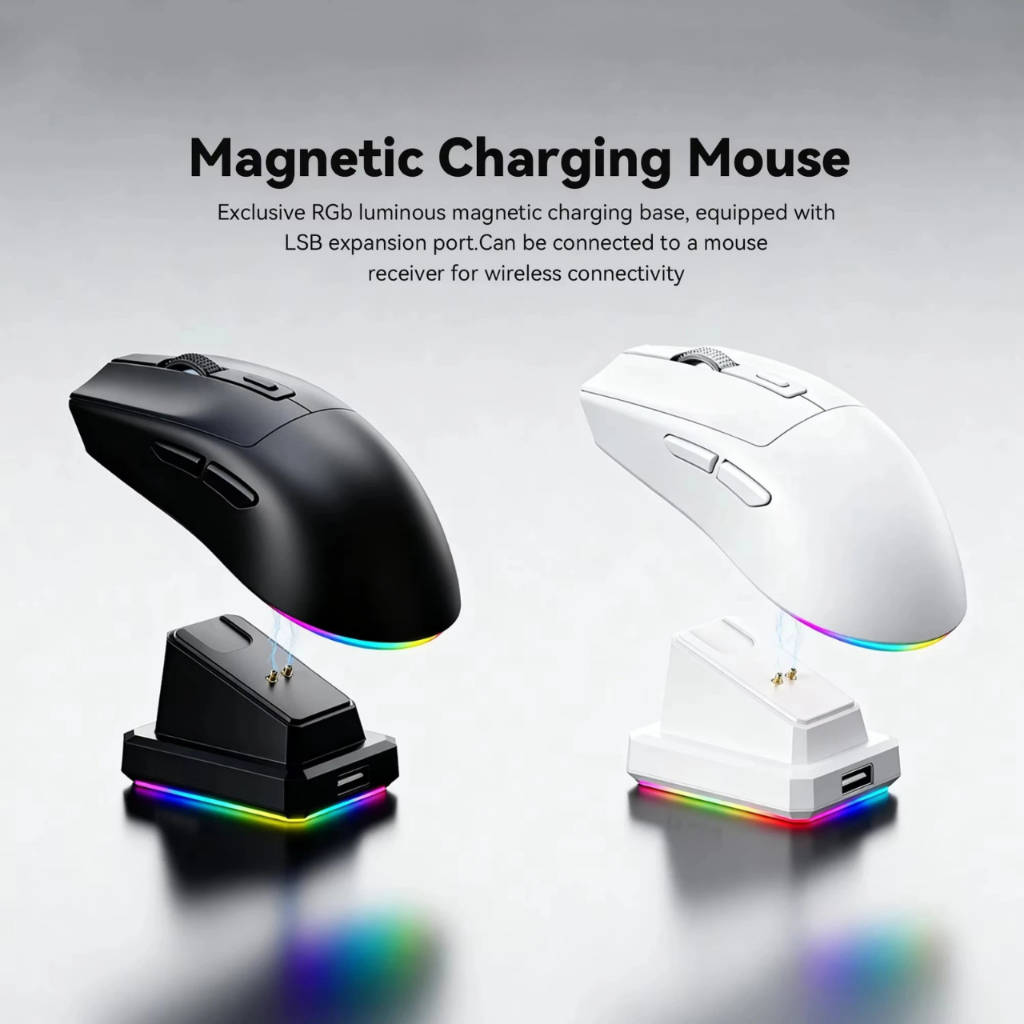 Mouse Gamer Sem Fio PAW3311 Base Dock Carregamento Magnética 4000DPI RGB 1000hz Tri-Mode Bluetooth 5.2 / 2.4G / Cabo