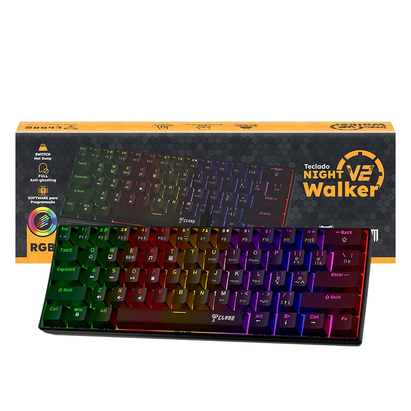 Teclado Gamer Clanm 60% Night Walker Rgb Switch Red Mecânico com Software RGB