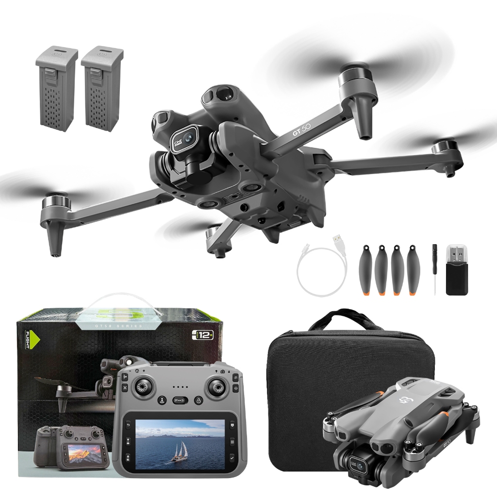 Drone GT50 Com Câmera 4K HD-Controle Remoto Com Tela 5,64", Motores Brushless-Desvio de Obstáculos-2 Baterias Transporte