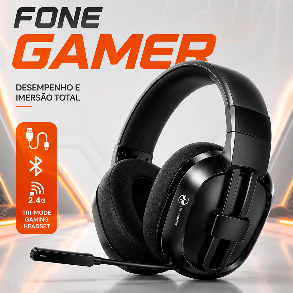 Fone Gamer Headset Sem Fio Bluetooth 2.4GHz USB-C Tri Mode com Microfone para PC PS5 PS4 Celular Fire Phoenix L80 Pro