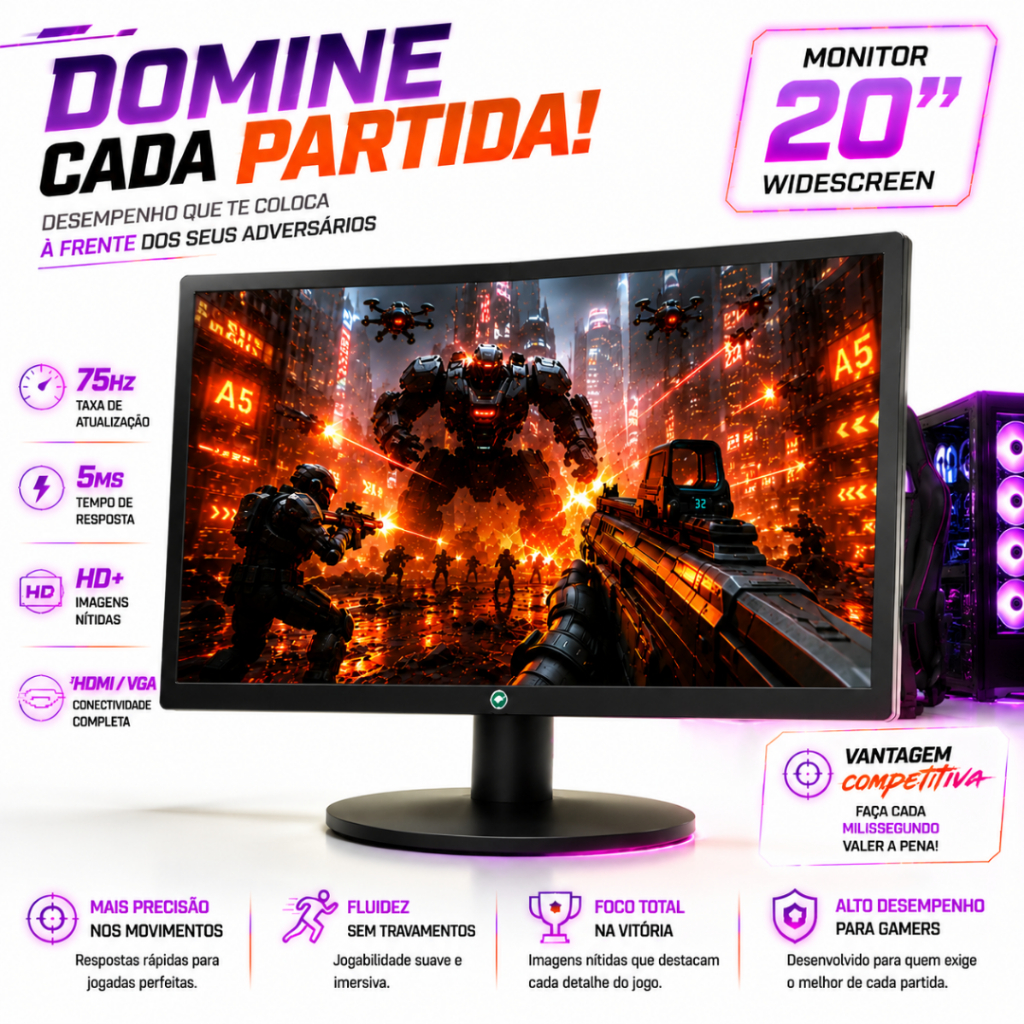 MONITOR TRONOS 20” 75HZ 1600X900 PAINEL TN WIDESCREEN PARA PC GAMER HOME OFFICE ORIGINAL DIRETO DA FÁBRICA ENVIO RÁPIDO