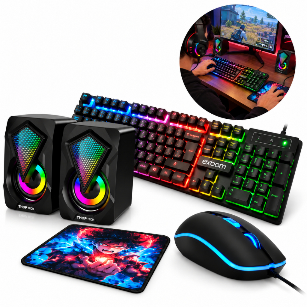Kit Gamer Completo Teclado Rgb + Mouse 2400 Dpi Ajustavel + Caixa de Som + Mouse Pad