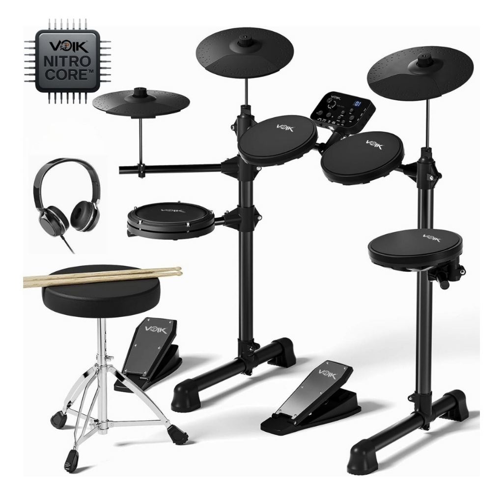 Bateria Eletrônica Voik VIBE-500 MIDI Caixa Mesh Completa C/ Banco + Fone + Baqueta Cor Preto Bivolt