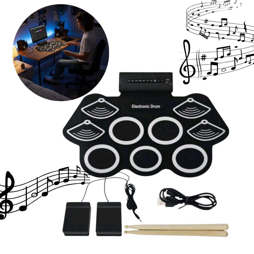 Bateria Eletrônica de Silicone EMT-S309 Portátil com Pedais e Baquetas – Exbom