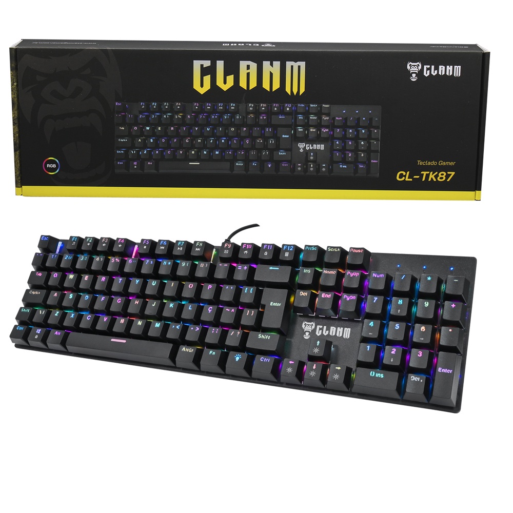TECLADO MECANICO KING CL-TK87 PRETO MECANICO 1,5M CLANM Mecânico RGB Gamer Cabo 1,5m Jogos