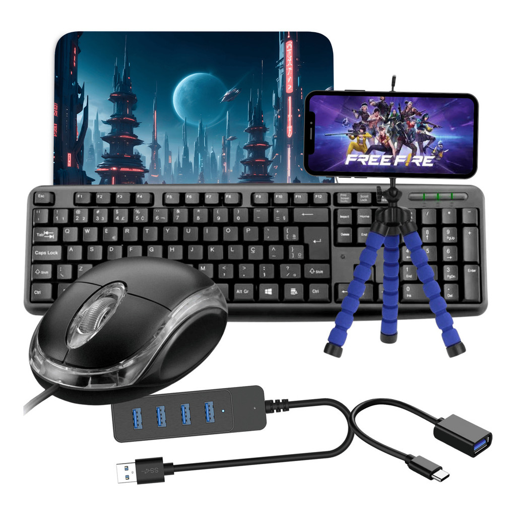 Kit Gamer Mobilador Teclado membrana Mouse gamer led Hub usb Cabo Otg suporte de celular Completo