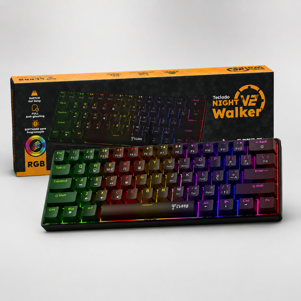 Teclado Gamer Mecânico 60% Night Walker V2 Clanm RGB, Red Switch, ABNT2 e USB-C