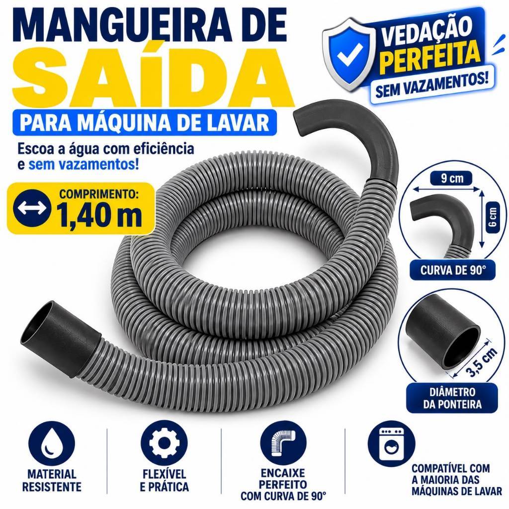 Mangueira Saída de Água Máquina Lavar Roupas - 1,40m - Electrolux, Brastemp, Consul entre outras