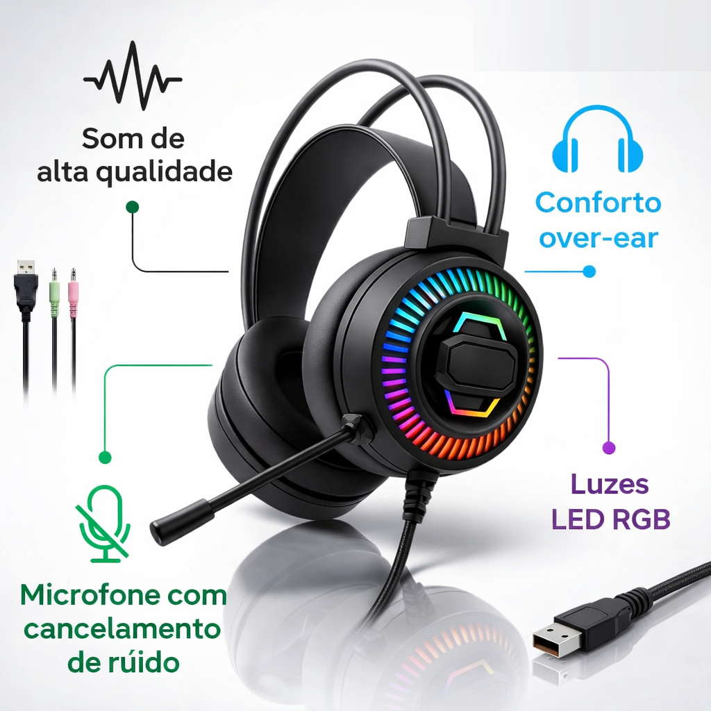 Headset Gamer Com Microfone Fone de Ouvido Estéreo LED Confortável PC PS4 PS5 Xbox Celular