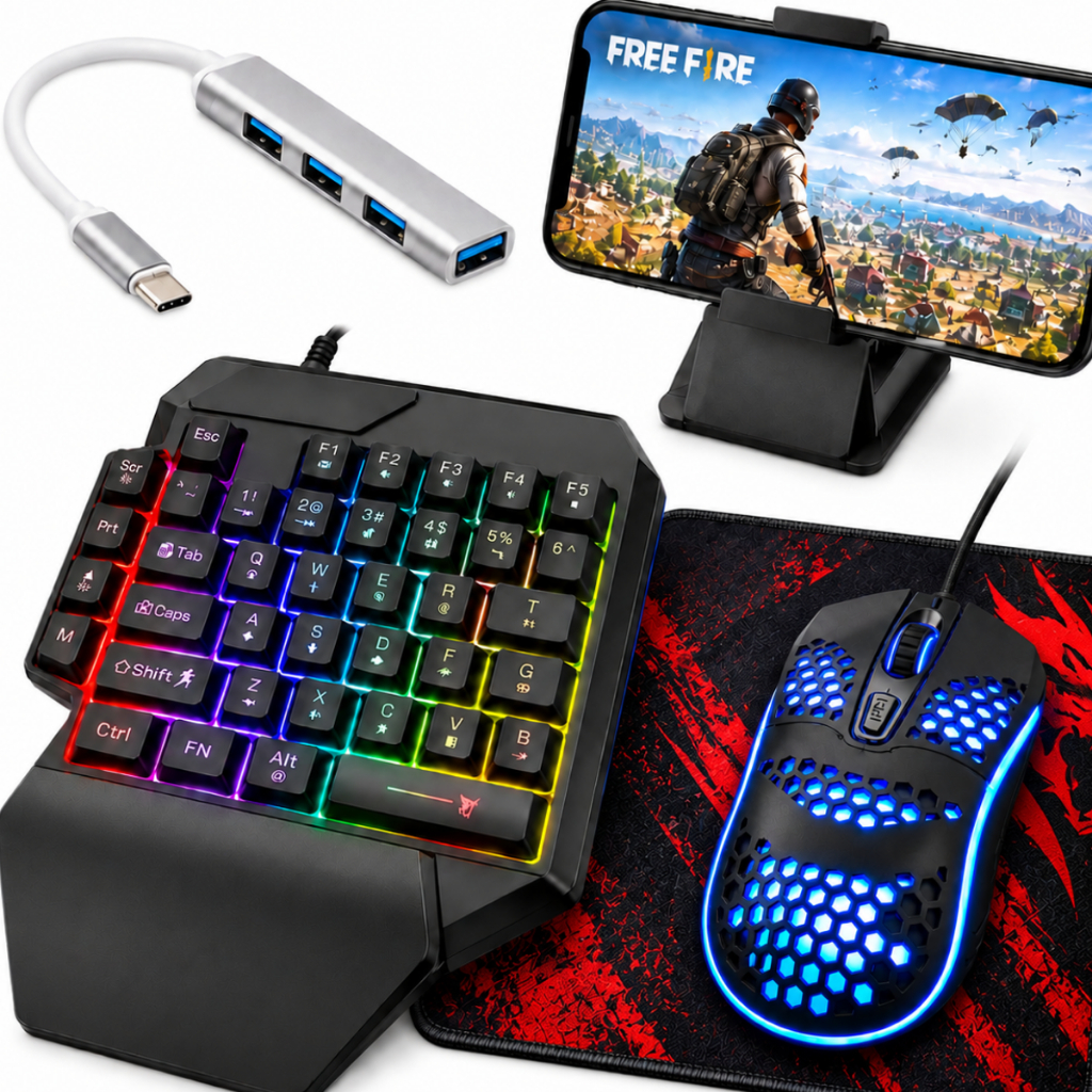 Kit Mobilador Gamer Teclado e Mouse Led Rgb One Hand Uma Mão Tipo C para Celular