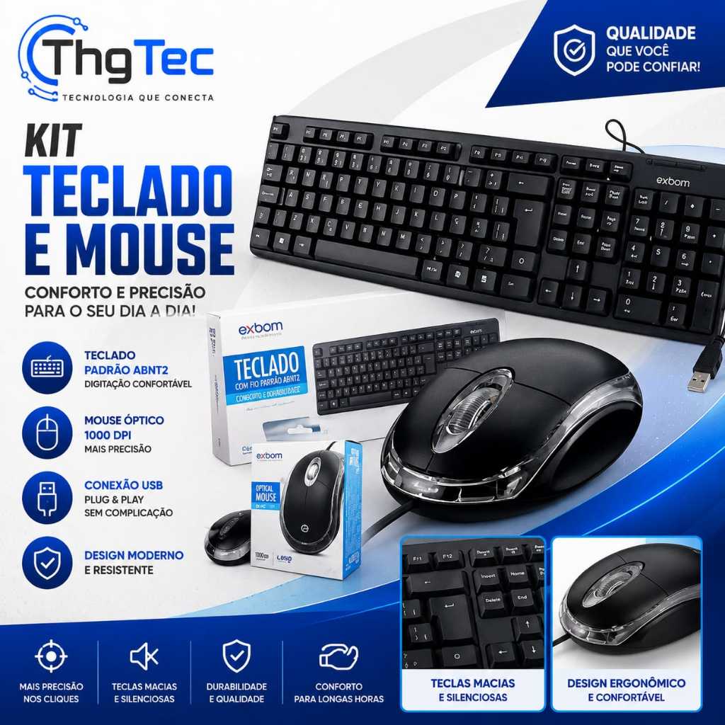 Kit Exbom Teclado E Mouse Com Fio Usb Abnt2, Para Pc E Note Kit Exbom Teclado E Mouse Com Fio Usb Abnt2, Para Pc E Note