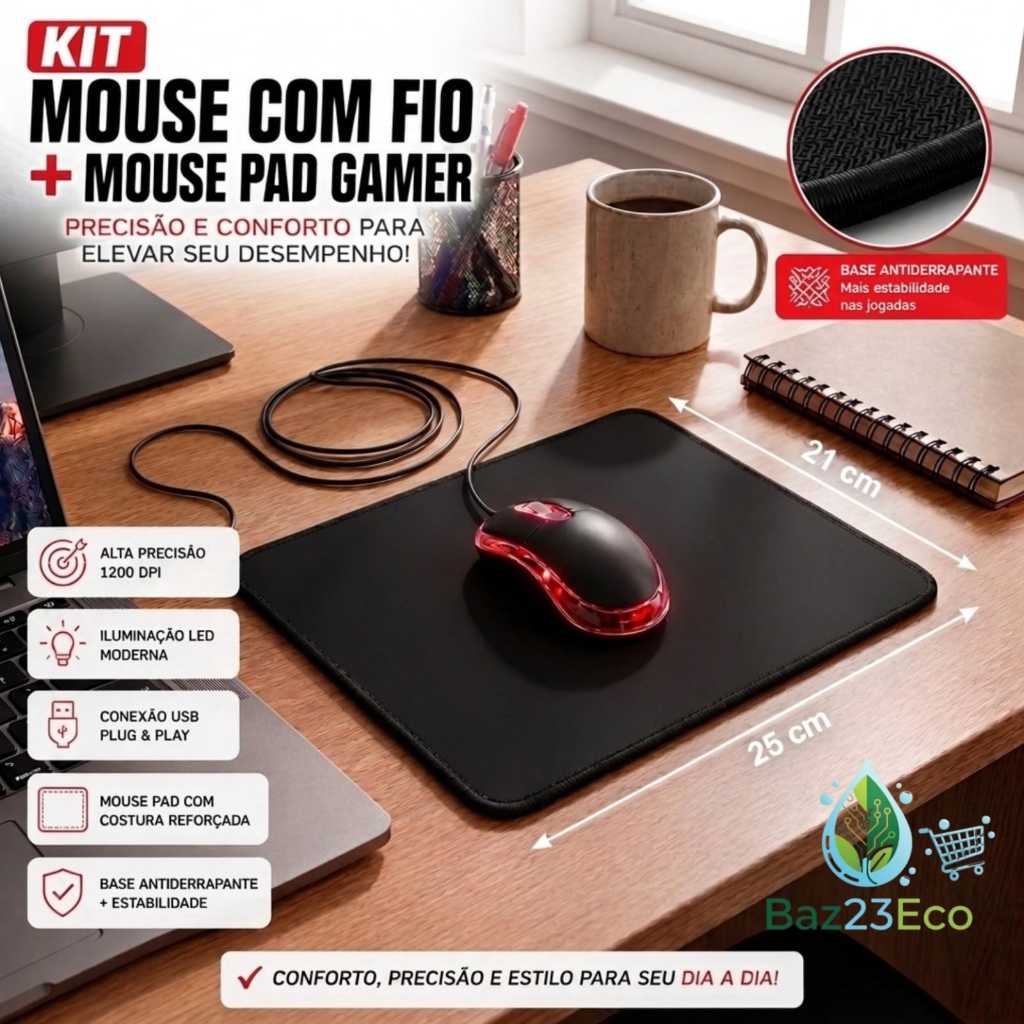 Kit Mouse Com Fio Iluminação lateral em LED + Mouse Pad Gamer Antiderrapante - Variação kit + Fone ou item SEPARADO