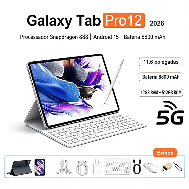 Tablet Galaxy Pro12 | 12GB RAM 512GB | Tela HD 11.6" | Android 15 | 5G | com Bateria 8800mAh