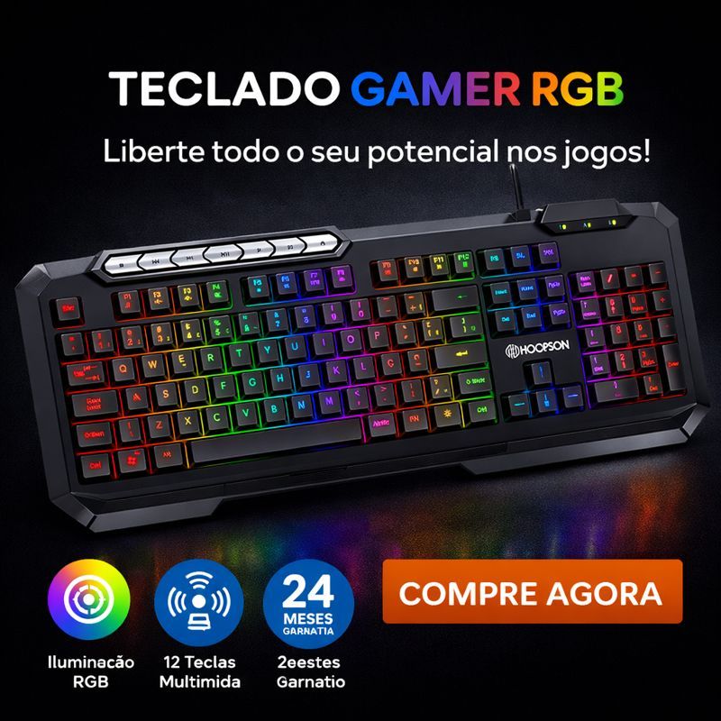 Teclado Gamer Semi Mecânico RGB Anti Ghosting com Iluminação LED Colorida para PC e Notebook