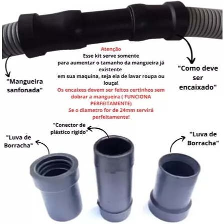 Kit Emenda extensor mais 2 metros de mangueira sanfonada e suporte curvo para maquina de lavar roupa lava louças