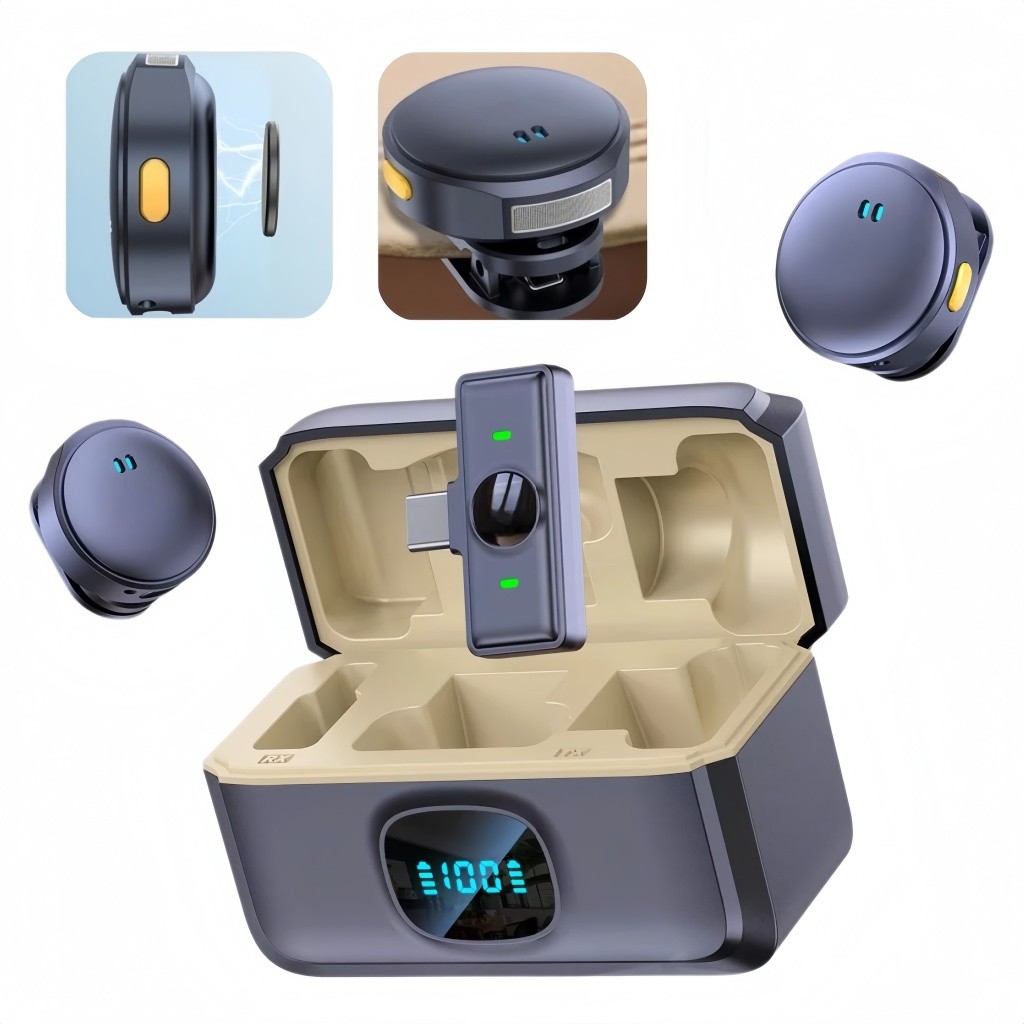 Kit 2 Mini Microfones de Lapela Sem Fio Magnéticos com Redução de Ruído para iPhone Lightning e USB-C