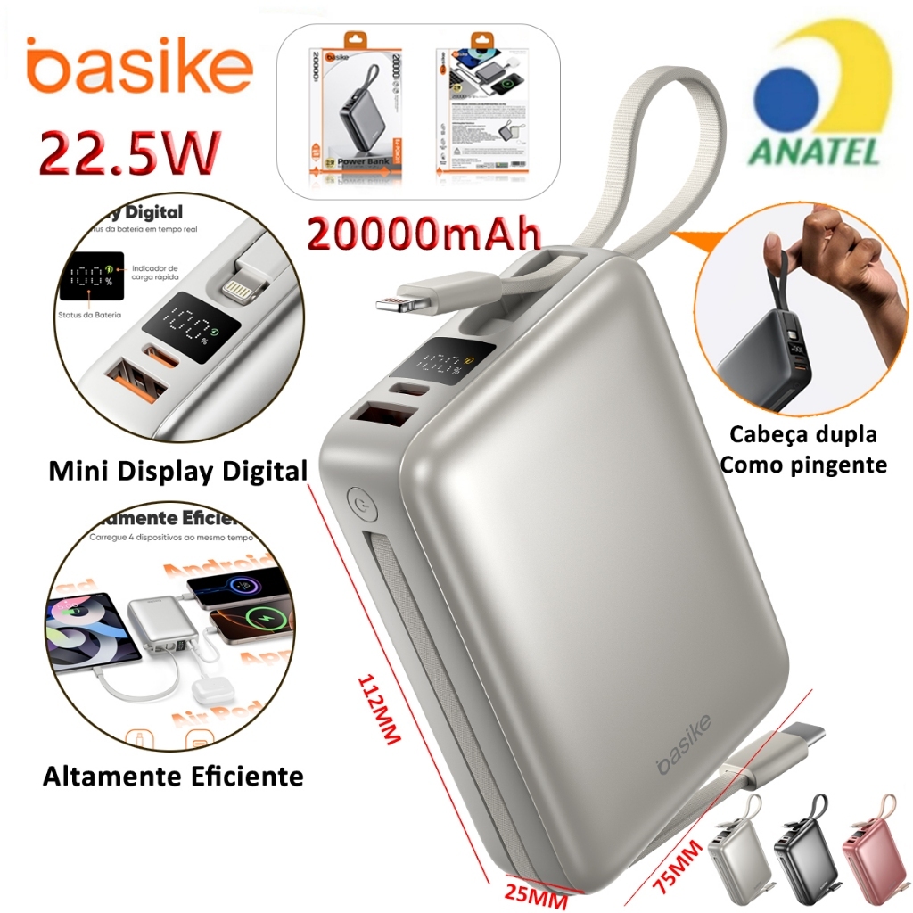 BASIKE Carregador Portátil 20000mAh - Carregamento Rápido 22.5W Power Bank Carregador Saída Dupla Silver BASIKE Carregador Portátil 20000mAh - Carregamento Rápido 22.5W Power Bank Carregador Saída Dupla Silver