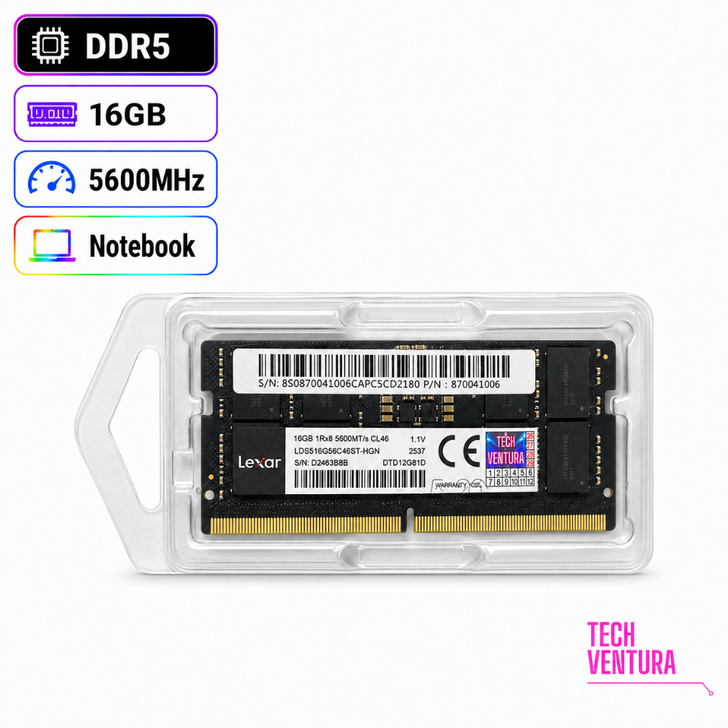 Memória RAM Lexar DDR5 16GB 5600MHz CL46 1.1V SO-DIMM para Notebook (Novo)