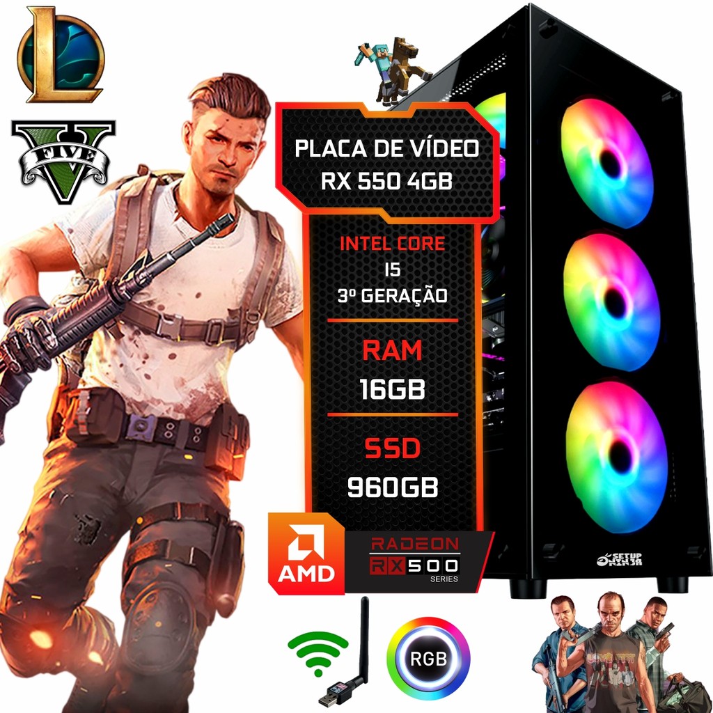 PC Gamer Setup Ninja RX 550 4GB, Intel I5, 16GB RAM, SSD 960GB, FONTE 500W