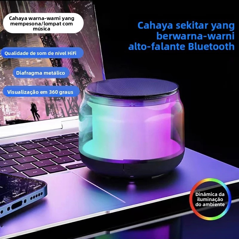 Caixa de Som Bluetooth Portátil com Luzes RGB, Som HiFi, Diafragma Metálico, Função TWS e Design Transparente