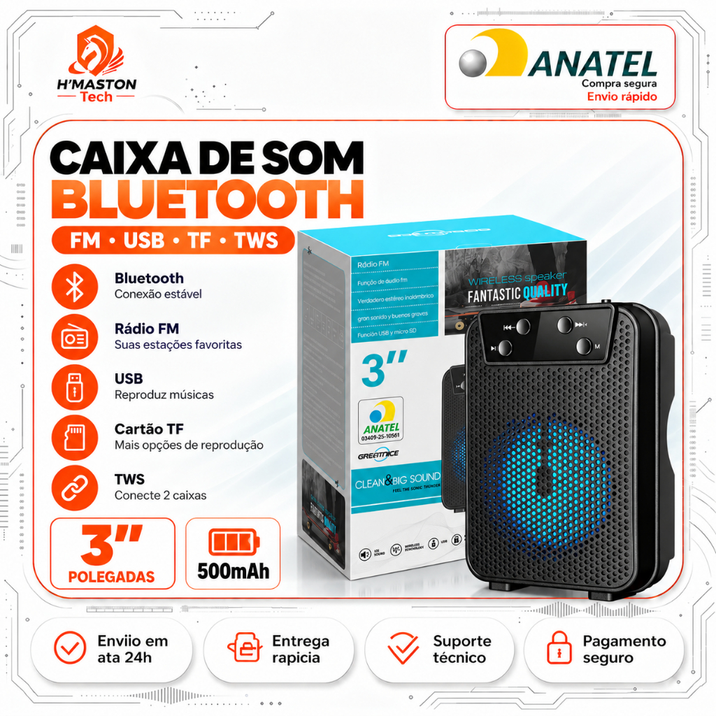 H'MASTON GTS-1345 Caixinha De Som Bluetooth Caixa De Som Bluetooth Portátil Som Caixa Bluetooth 3 Polegadas TWS Rádio FM