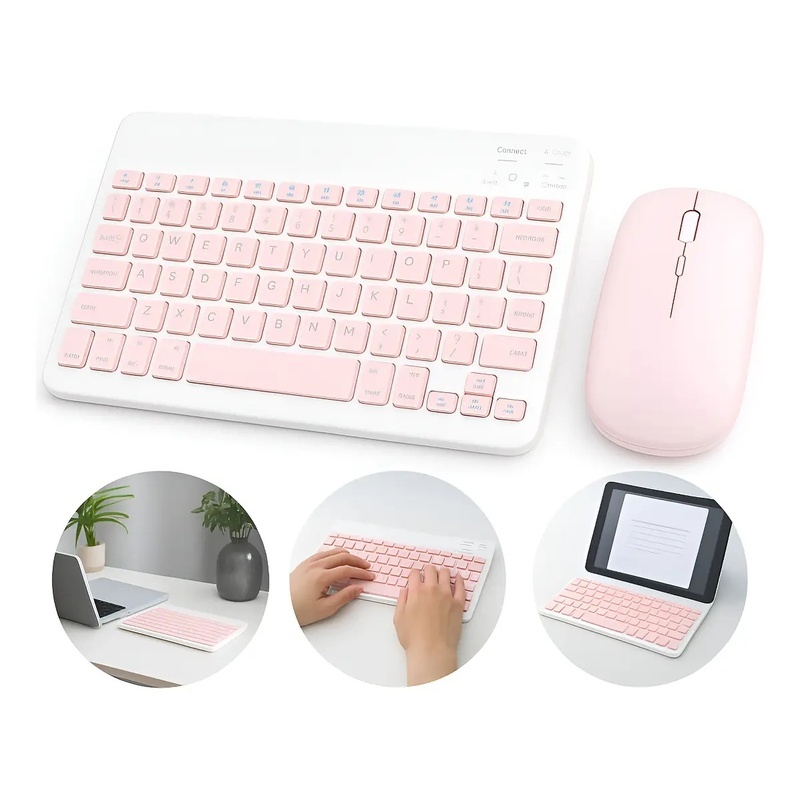 Kit Teclado e Mouse Sem Fio Bluetooth Colorido Macaron Para PC iPad Tablet Notebook