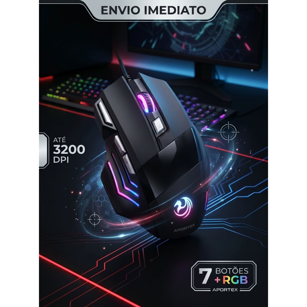 Mouse Gamer RGB 3200 DPI Ergonômico 7 Botões USB Fio LED PC Notebook Gamer FPS MOBA Rápido