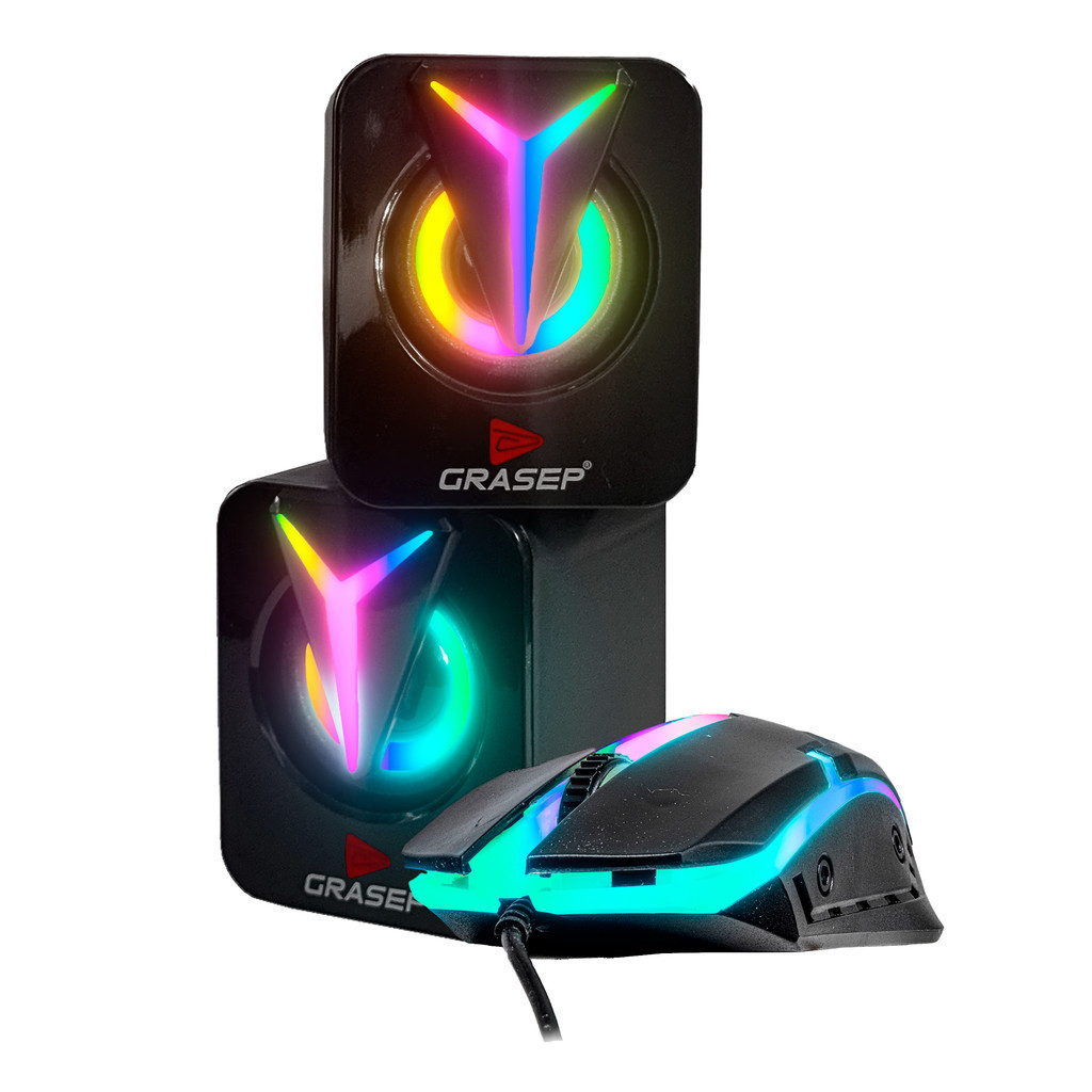 Kit Caixa De Som Led RGB Chroma Volume Alto P2 + Mouse Gamer Iluminação RGB Ideal Para Setup Gamer