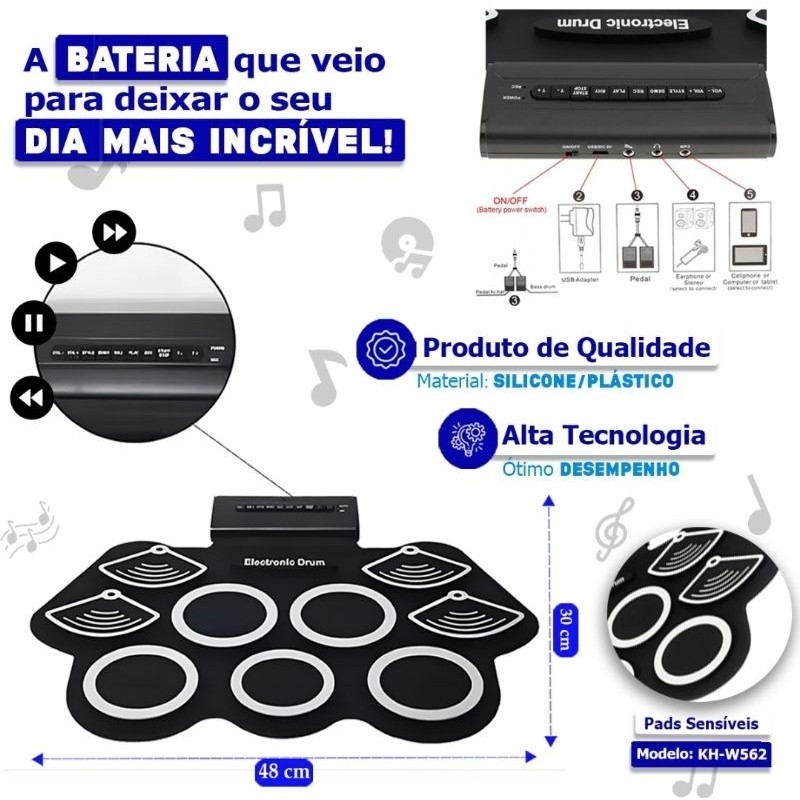 Bateria Eletrônica Musical Portátil - Dobrável e Portátil com Função de Gravação