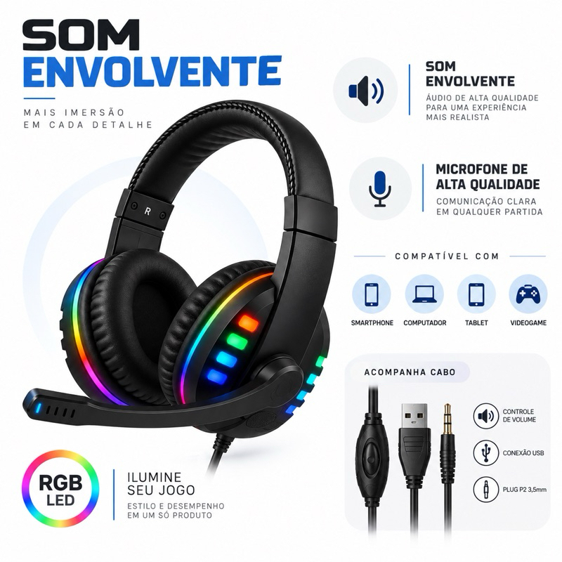 Headset Gamer Fone LED RGB com Microfone USB e P2 para PC Celular Computador Headphone Videogame