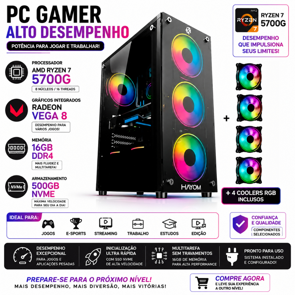 Pc Gamer Amd Ryzen 7 5700g 16gb Nvme 500gb 500w Bivolt Radeon Vega 8