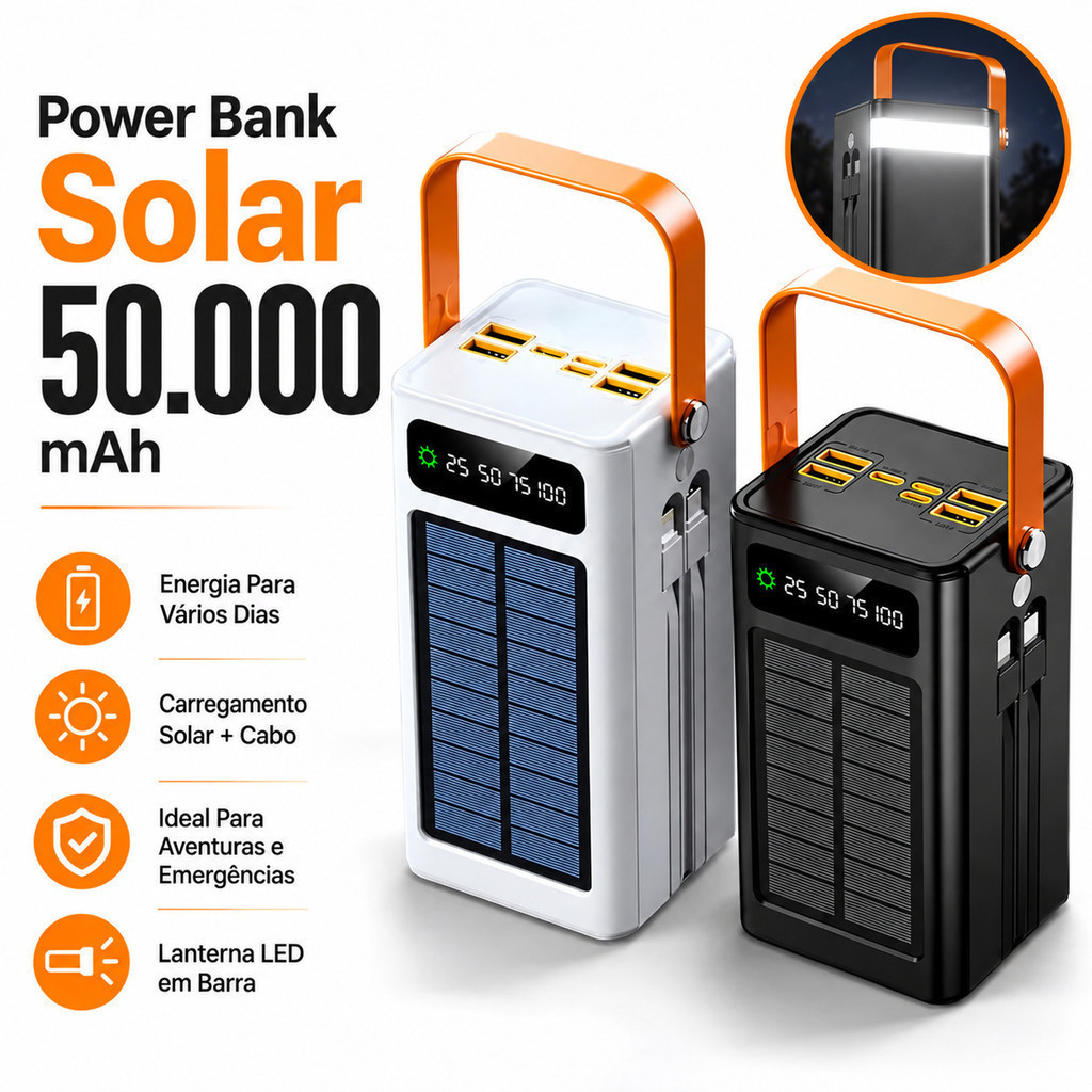 Carregador Solar Portátil 30000/50000mah Turbo Rápido Power Bank Grande Tela Digital