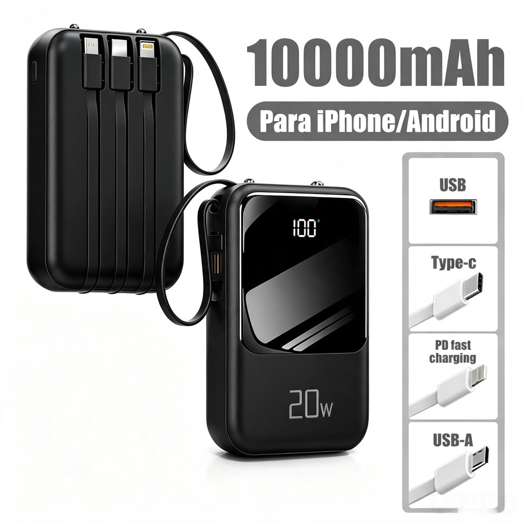 Carregador Portátil Power Bank 10000mAh com Display LED e 4 Cabos Embutidos Maquinas