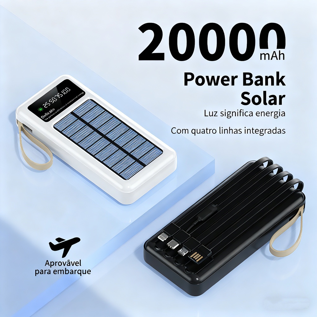 20000mAh Power Bank Solar Carregador Portátil com cabos 5 Em1 Carregamento Solar e LED Integrado 20000mAh Power Bank Solar Carregador Portátil com cabos 5 Em1 Carregamento Solar e LED Integrado