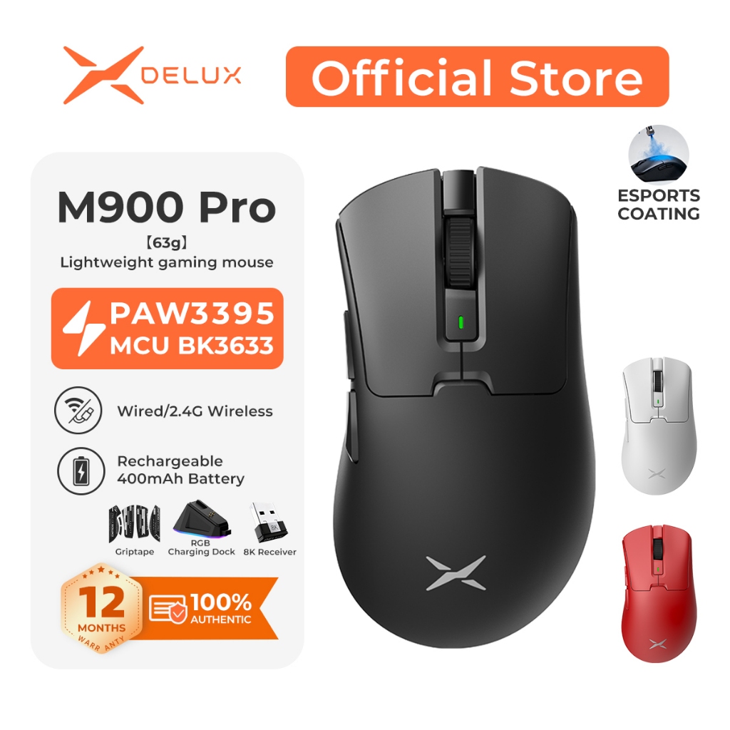 DELUX M900 Pro Mouse Gamer Ergonômico Sem Fio/Com Fio – PAW3395, 63g, Dock 8K, Ice Coating, BK3633, 500mAh