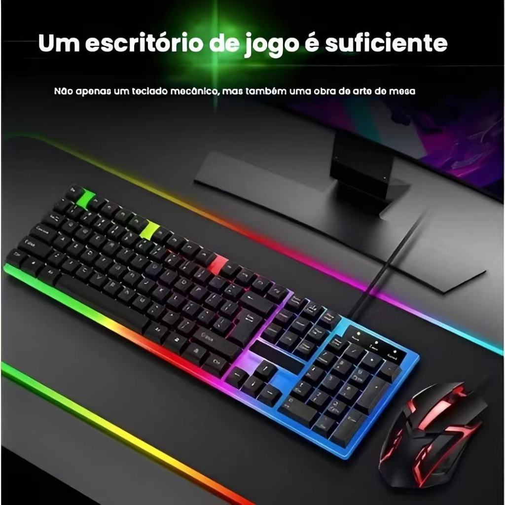 Kit Teclado Semi Mecânico + Mouse Gamer 3200dpi Rgb Led com fio