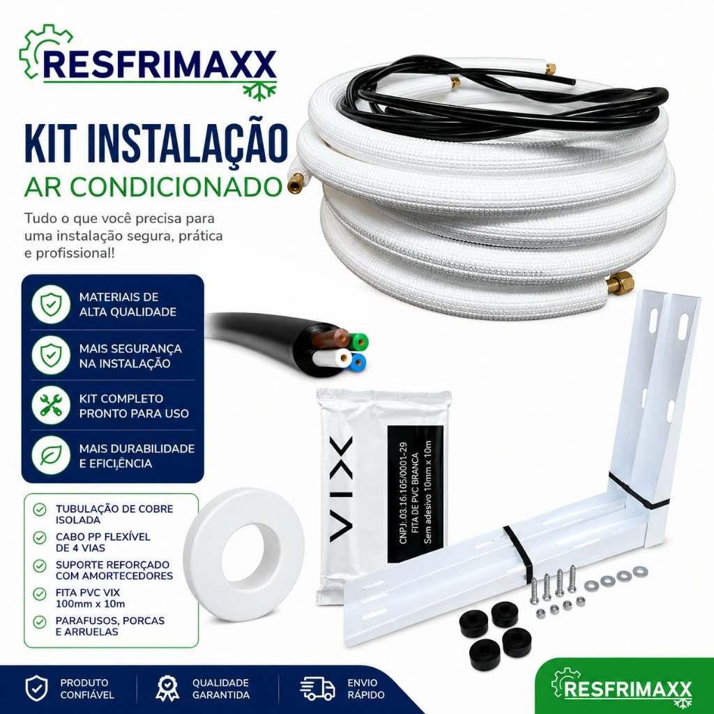 Kit Instalação Completo Para Ar Condicionado Split com Tubulação 1/4" e 3/8" para 9000 a 12000 BTUs.