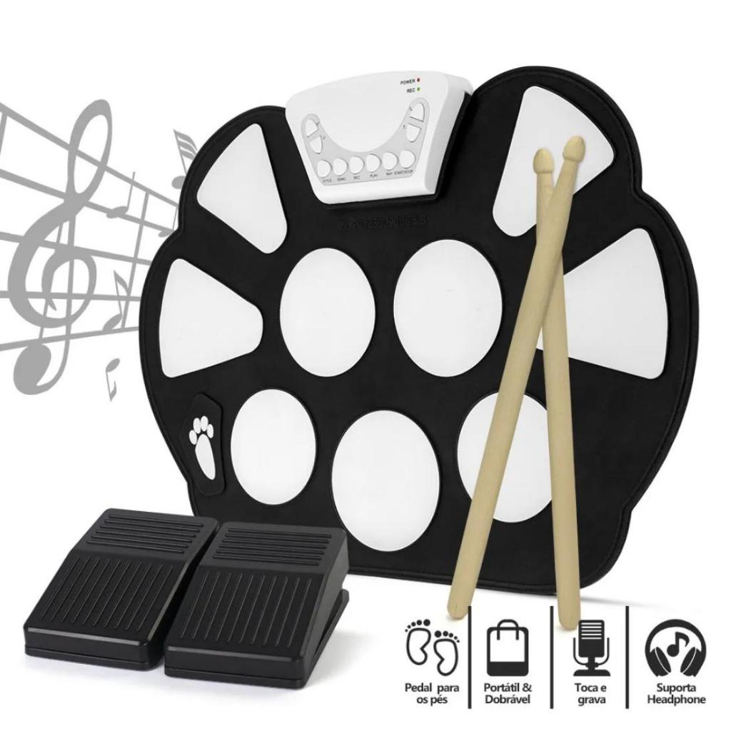 Bateria Musical Eletronica Silicone Dobravel Baquetas 2 Pedais Portátil Roll Up USB Infantil Adulto