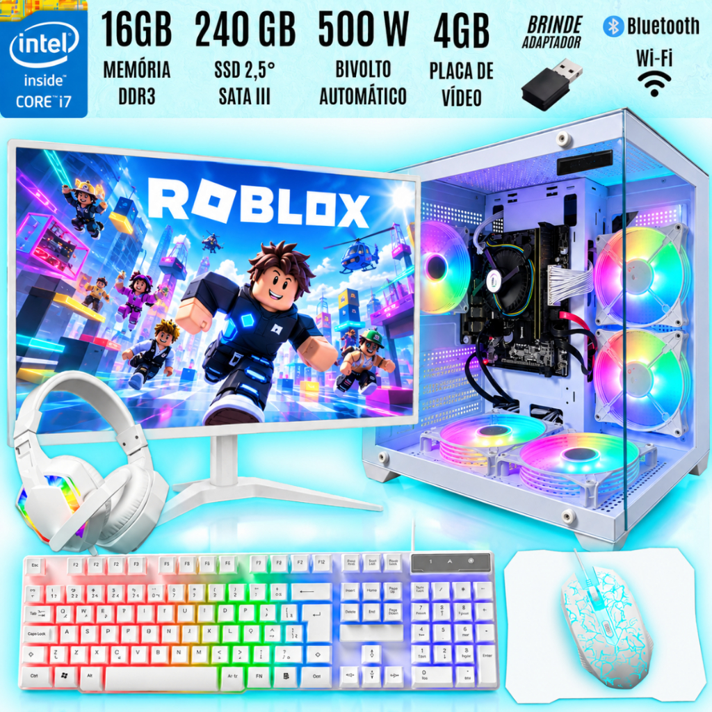 PC Gamer Montado Computador Intel Core i7 GT 730 4GB 16GB Ram SSD 240GB Gabinete Grodd Snow + Monitor e Combo Gamer