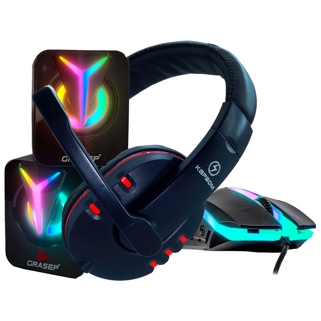 Kit Gamer Completo Mouse Led RGB Pro + Fone De ouvido Gamer Com Microfone + Caixa De Som Gamer Com Iluminação RGB Chroma