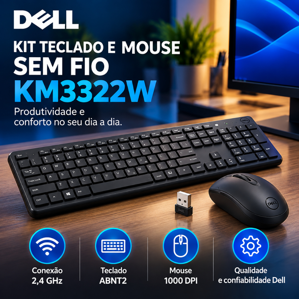 Kit Teclado e Mouse Sem Fio Dell KM3322W ABNT2 USB 2.4GHz 1000 DPI Preto
